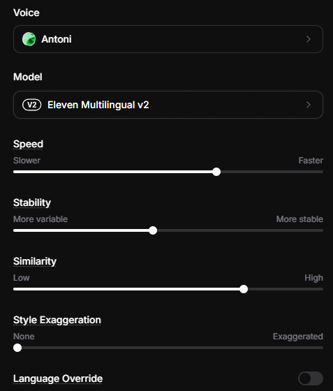elevenlabs antoni text to speech settings